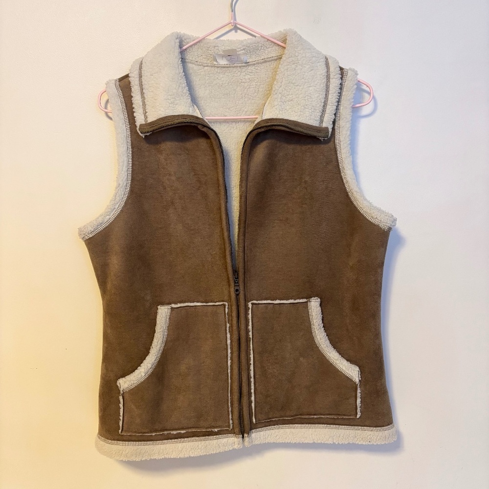 Ann Taylor LOFT Faux Suede Sherpa Lined Full Zip Vest Brown Womens Size Medium